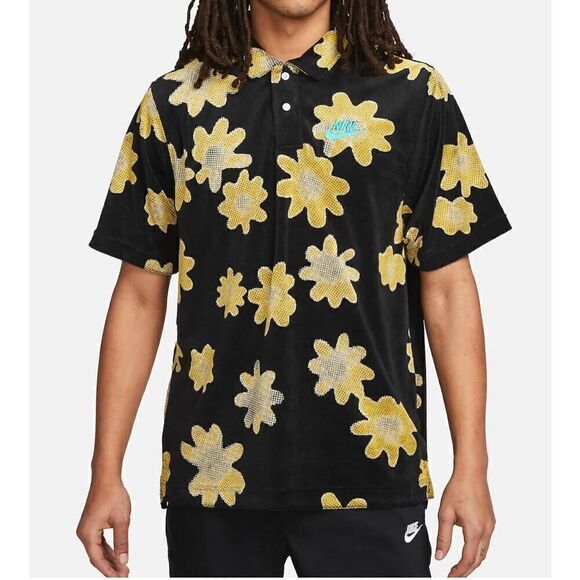 Men's Nike Sportswear Black Allover Flower Polo Shirts DM5032-010 - Picture 1 of 6